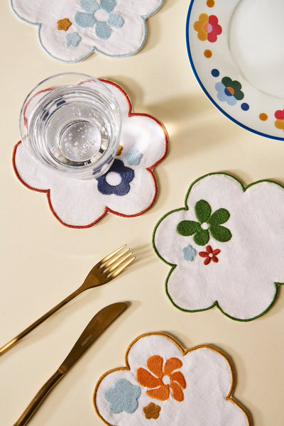 Floral Embroidered Linen Coasters (Set of 4)