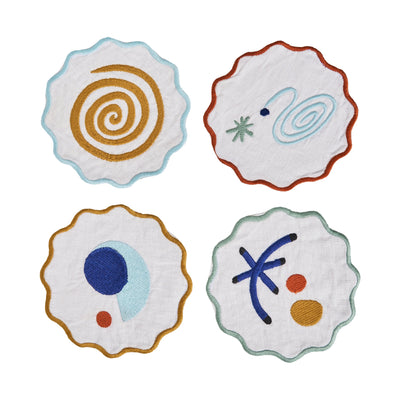 Celestial Embroidered Linen Coasters in Multicolor (Set of 4)