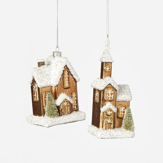 Snowy Church & Cabin Ornaments