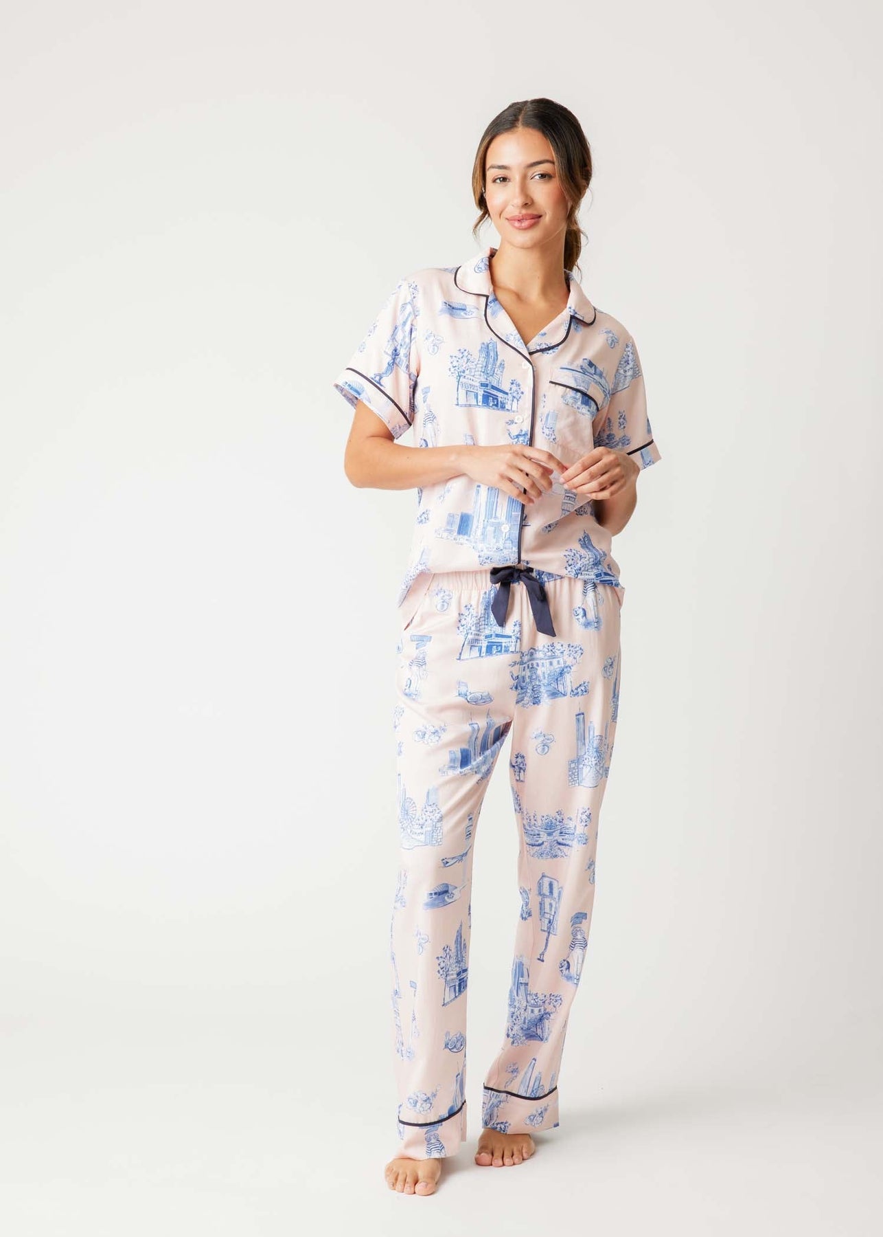 Atlanta Toile Pajamas Pant Set (Peach/Navy)